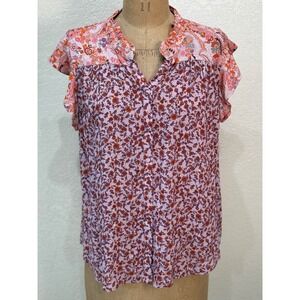 Lovestitch Womens Size L Purple Butterfly Sleeve Floral Print V Neck Blouse Top